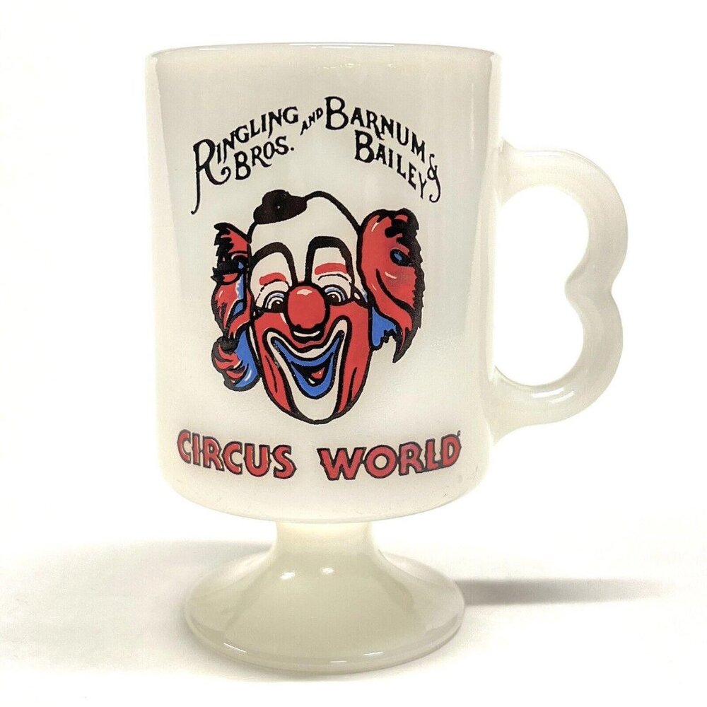 VTG Milk Glass Pedestal Mug Ringling Brothers Barnum Bailey Circus World Clown